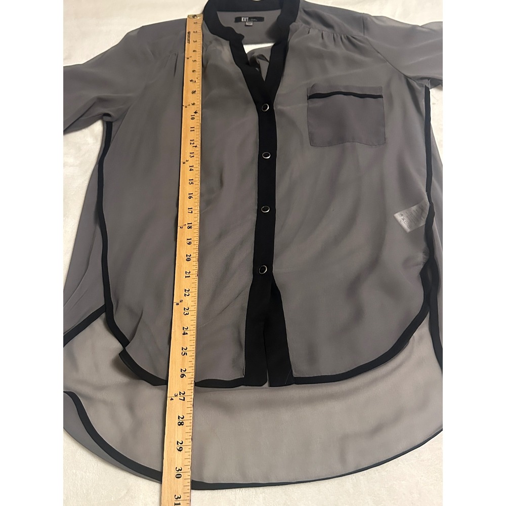 KUT from the Kloth Grey Sheer Draped Back Blouse Black Trim Medium flowy - Picture 15 of 16